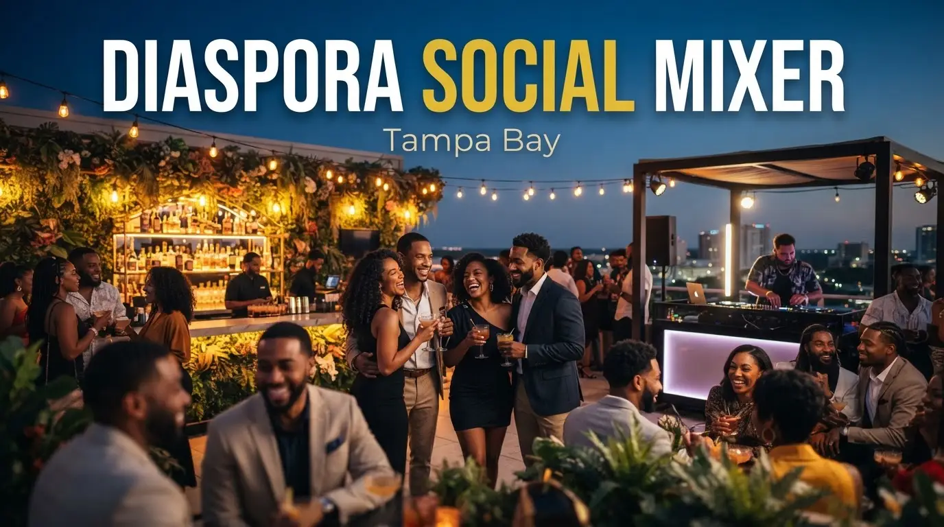 Diaspora Social Mixer rooftop celebration scene with event title overlay